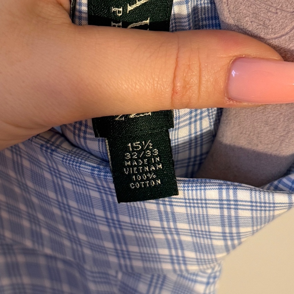 Vintage Lauren Ralph Lauren Men’s Blue and White Checkered Shirt - Picture 4 of 4